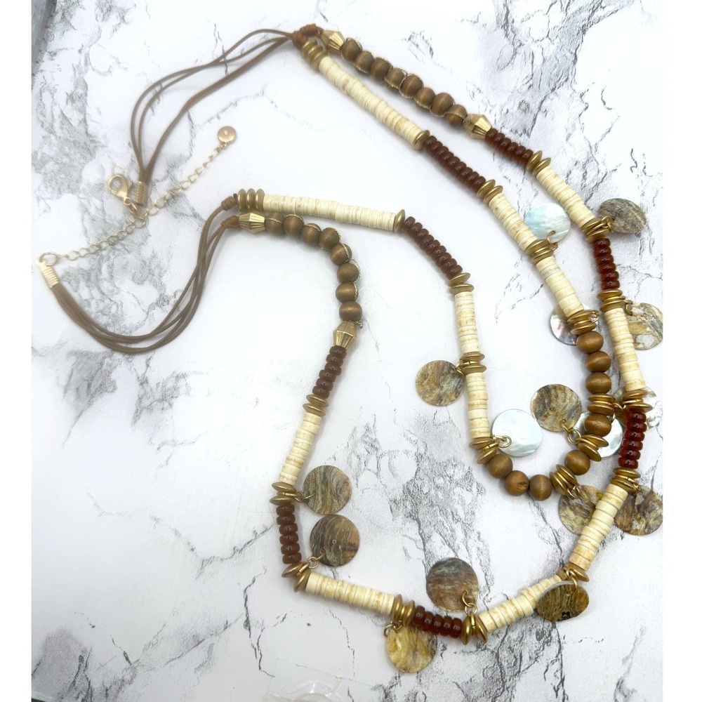 C Est 1946 Double Strand Abalone Shell Wood Bead Necklace Boho Coastal